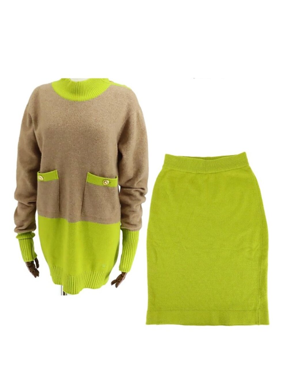 Chanel Knit Skirt Set Dark Beige Light Green Cashmere Dress Pencil Clover